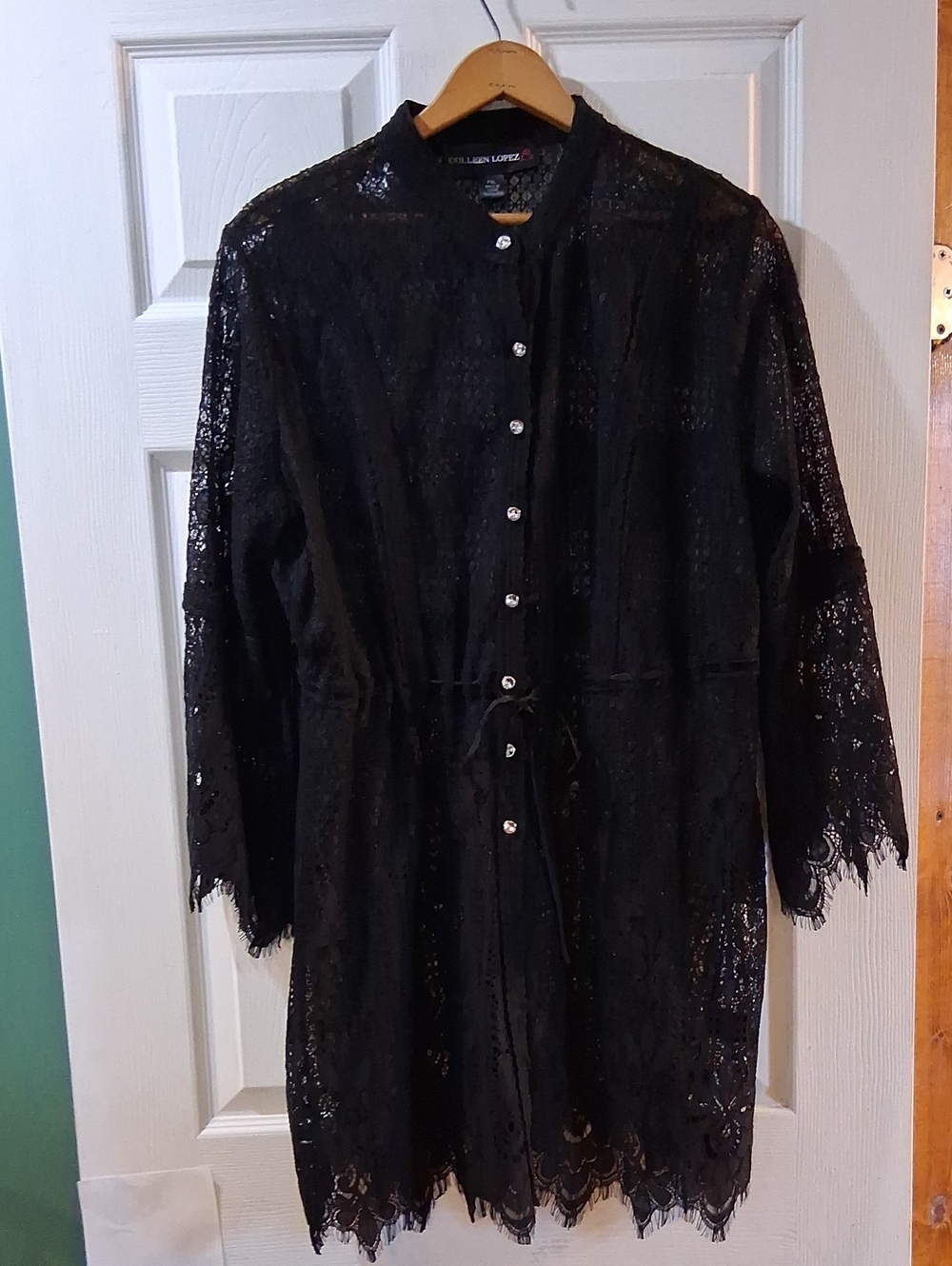 Colleen Lopez Black Lace Button-Front Cardigan With Tie Waist